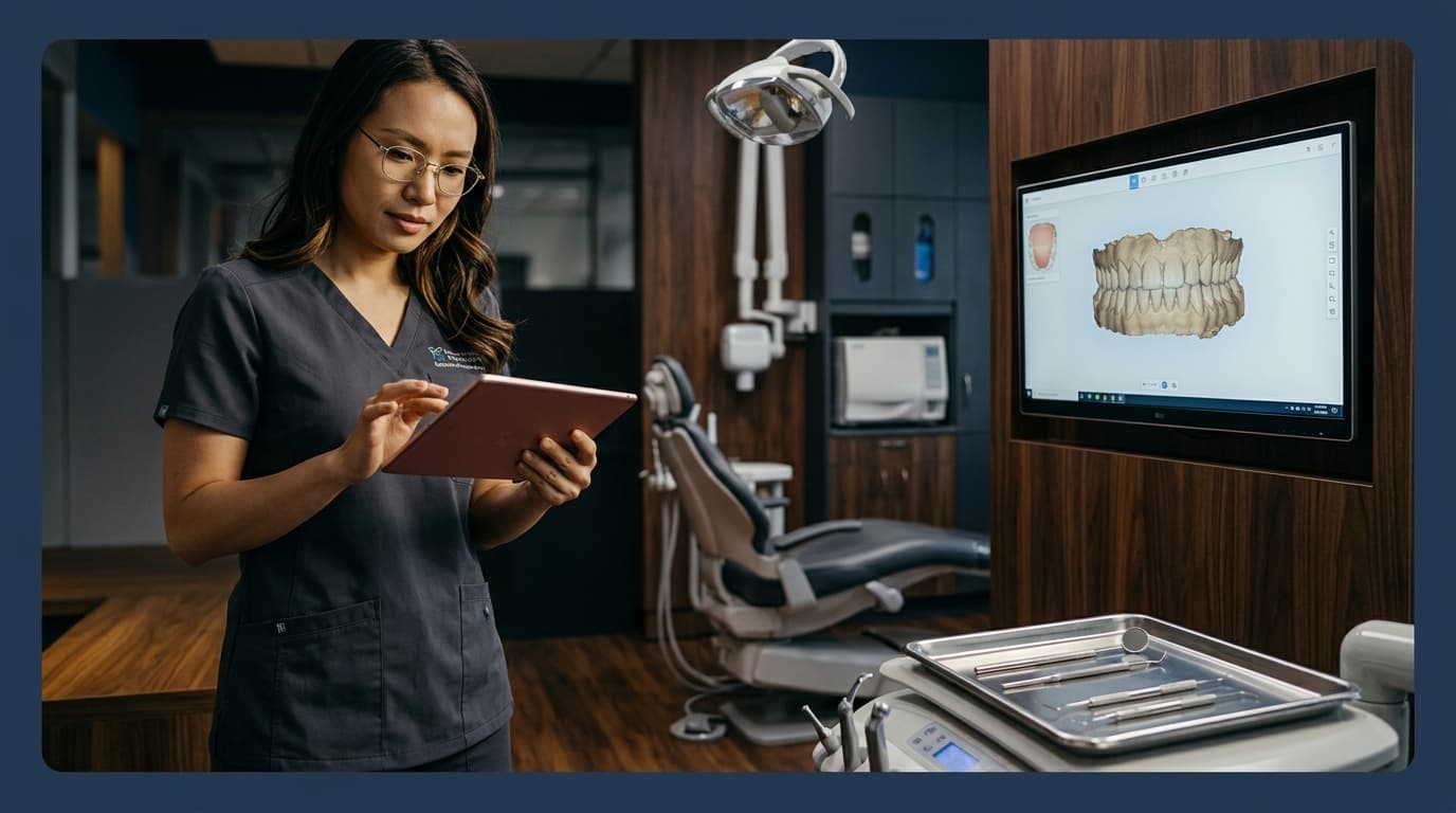 Dentist reviewing marketing strategy on tablet in clinic