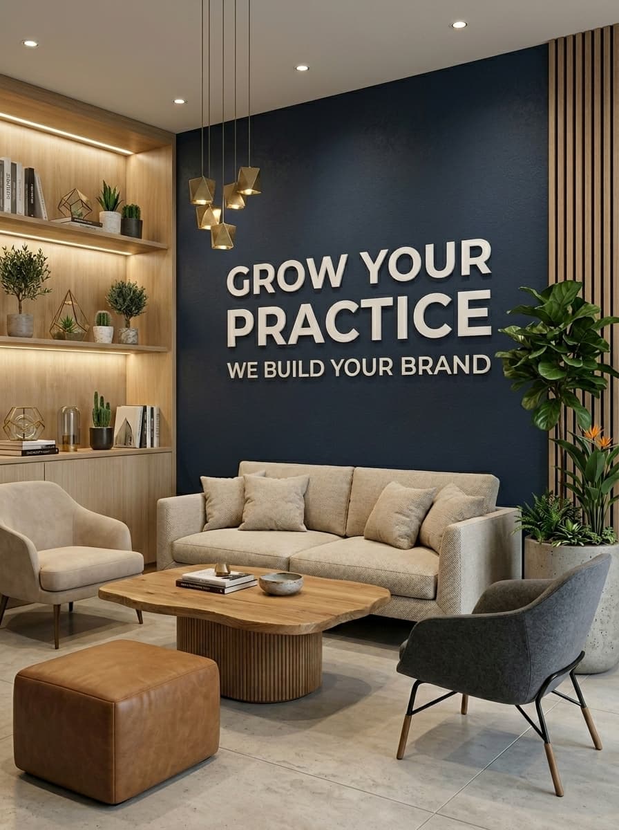 Premium practice office lounge with Grow Your Practice wall